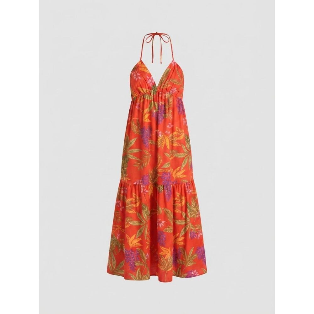 NWT Chelsea & Violet Red Orange Tropical Floral Smocked Ruffle Hem Dress 8 & 10.